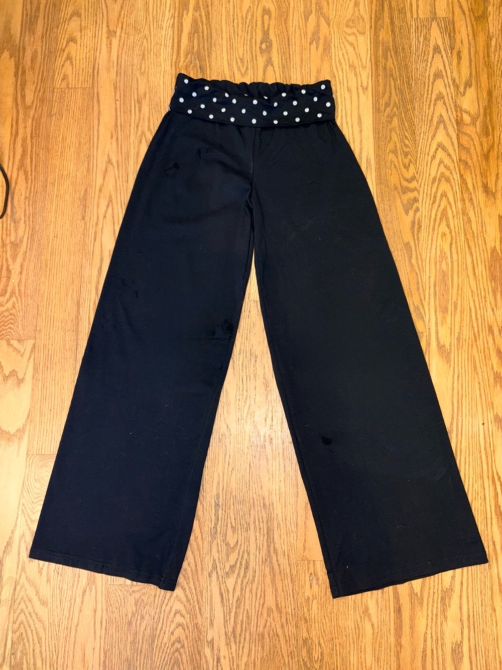 Black Wide-Leg Lounge Pants with Polka Dot Foldover Waistband